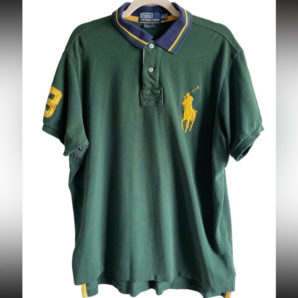 VTG Polo Ralph Lauren Green Blue Collar Yellow Big Pony Rugby Polo Shirt #3